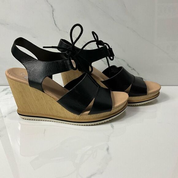 DR. SCHOLL’S Summertime Black Leather Wedge Heel Sandals - Picture 1 of 9